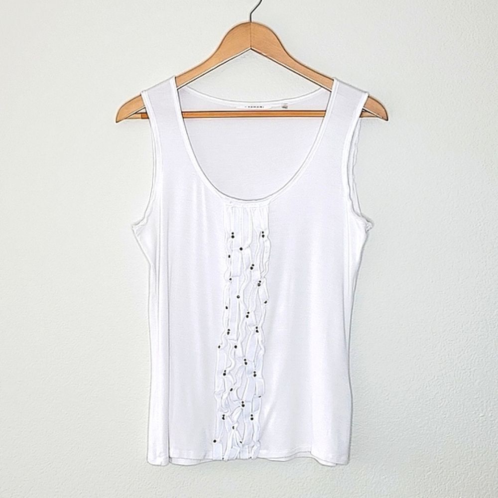 T TAHARI White Casual Tank Top Ruffles Studs Overlock Hem Scoop Neck